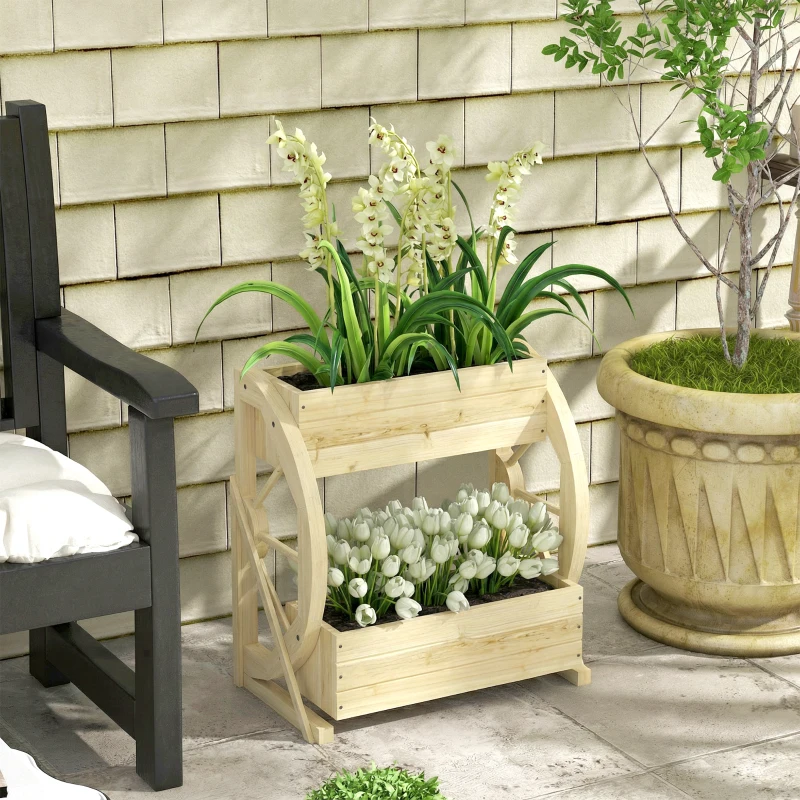 Outsunny Wooden Wagon Planter Box, 2-Tier Raised Garden Bed, for Vegetables Flowers Herbs, Natural