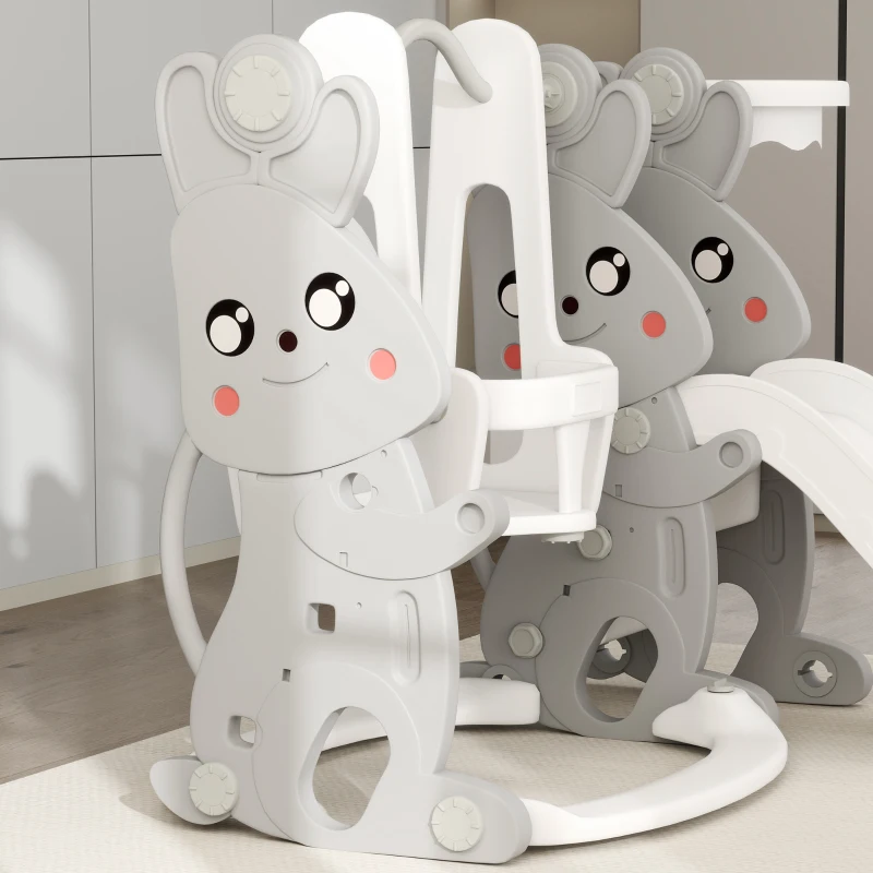Qaba 4 in 1 Toddler Slide and Swing Set with Climber, Basketball Hoop, Rabbit Themed Kids Playset for Ages 1.5-4, Gray