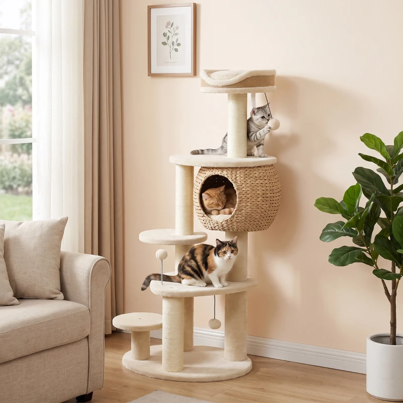 PawHut 52" Cat Tree, Cat Tower with Handwoven Cattail Condo, Bed, Platforms, 3 Scratching Posts and 3 Toy Balls