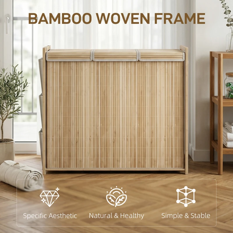 HOMCOM Bamboo Laundry Hamper with Removable Drawstring Bag and Side Storage Pockets, 47 Gal, Natural