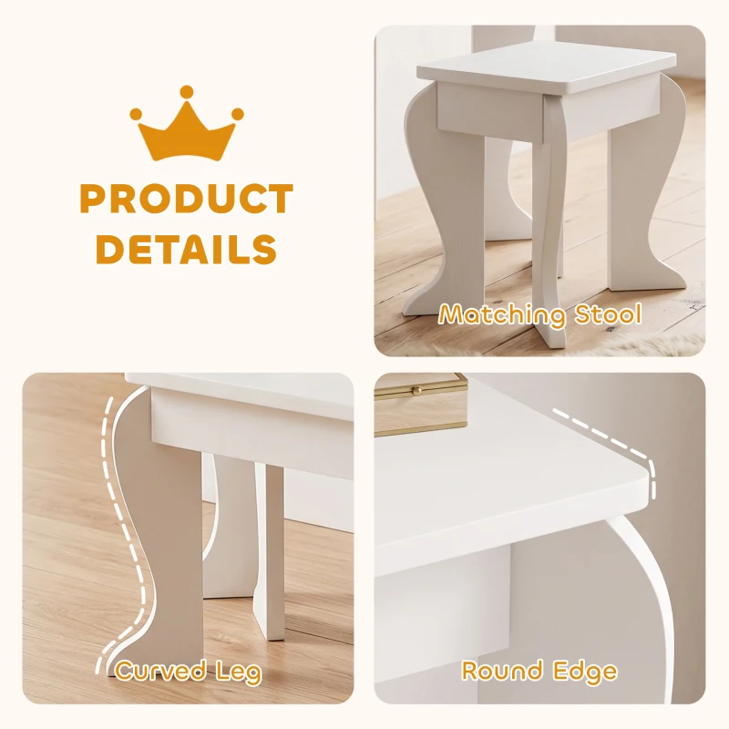 Qaba Kids Dressing Table and Chair Set, Girls Dressing Set, Makeup Desk with Drawer for 3-6 Years Old Kids, White