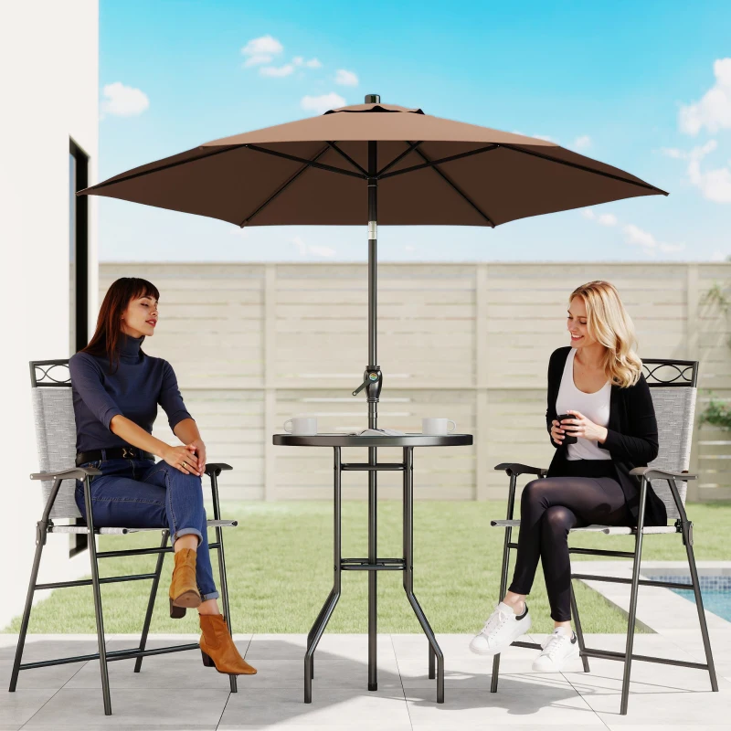 Outsunny 4 Piece Outdoor Bar Set with Umbrella, Patio Dining Set with 2 Folding Chairs, Wave Textured Tempered Glass Table, Beige