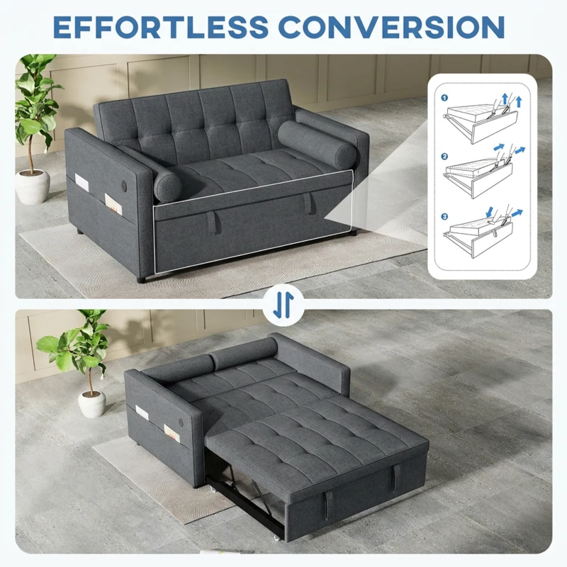 HOMCOM Pull Out Sofa Bed, Sleeper Sofa Couch with USB Ports, Small Linen Loveseat Futon Couch for Living Room, Dark Grey