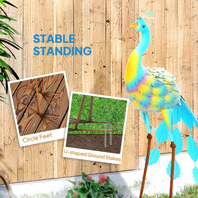Outsunny Peacock Garden Statue, 32.7" Standing Lawn Ornament, Steel Garden Decor Bird Statue with Stakes for Lawn Patio Backyard Decoration, Sky Blue
