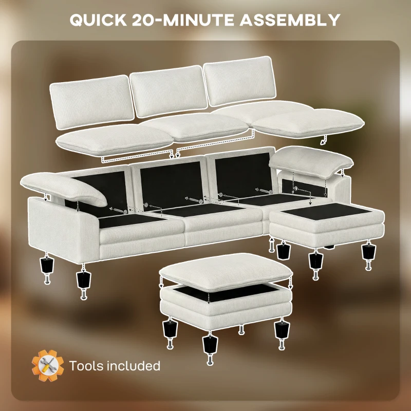 HOMCOM Sectional Sofa, L Shaped Couch with Deep Seat, Movable Ottoman and Pillow-top Armrests, Beige