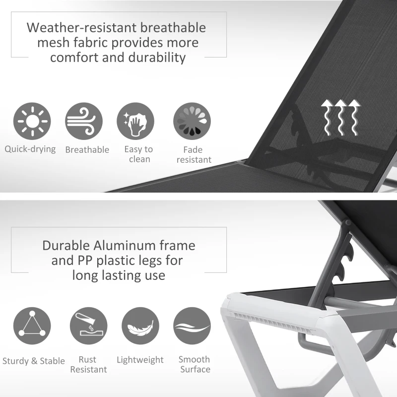 Outsunny Outdoor Chaise Lounge Chair, Patio Aluminum Tanning Chair with 5-Level Adjustable Back, Portable Wheels, Breathable Mesh Fabric, for Pool, Deck,  Garden, Black