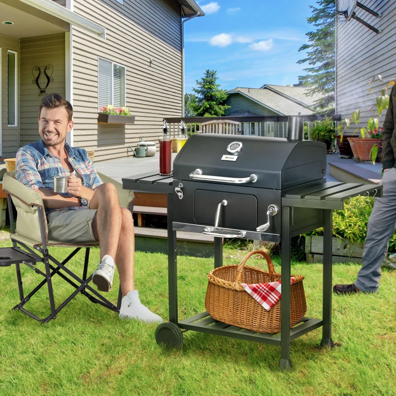 Outsunny Charcoal BBQ Grill Smoker with Adjustable Charcoal Pan and Galvanised Steel Shell, Barbecue Grill Trolley with Storage