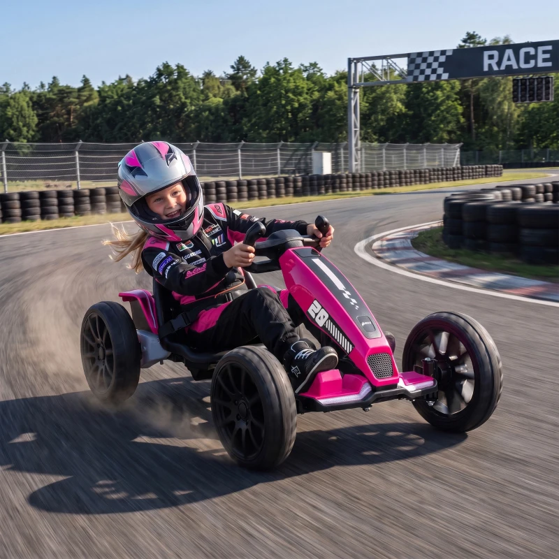 Qaba 12V Electric Go Kart for Kids with Dual Motors, Adjustable Seat, Soft Start, LED Lights, EVA Wheels, for Age 3-6, Pink