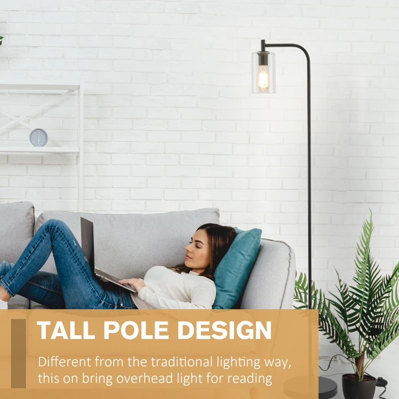 HOMCOM Modern Stylish Tall Pole Floor Lamp, Land Light with Metal Base, Cylindrical Shaped Glass Shade, Black