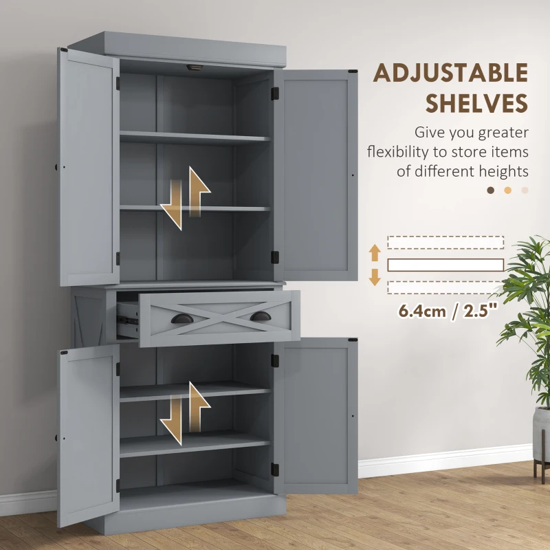 HOMCOM 72" Kitchen Cabinet, Pantry Storage Cabinet with 4 Doors and 2 Adjustable Shelves, Large Central Drawer, Gray