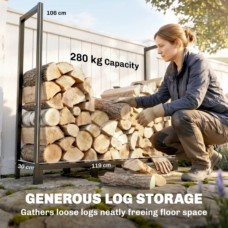 Outsunny 4 ft Firewood Rack with Customisable Width & Height, Cable Reinforcement, 616 lb Capacity Log Store Indoors, Black