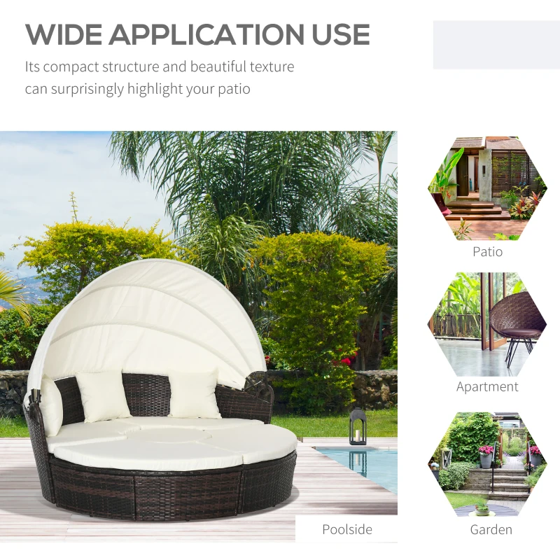Outsunny 4pc Rattan Patio Furniture Set, Round Convertible Daybed or Sunbed, Adjustable Sun Canopy, Sectional Outdoor Sofa, 2 Chairs, Table, 3 Pillows, PE Plastic Wicker, Beige