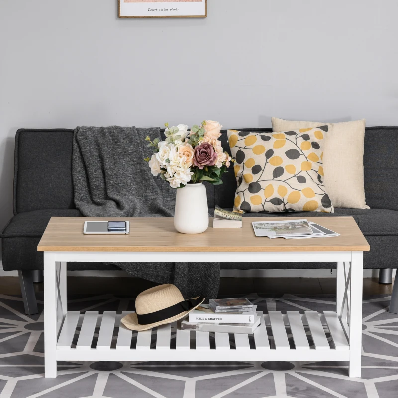 HOMCOM Farmhouse Style Coffee Table with X Bar Frame, Open Slat Wooden Bottom Shelf, Natural/White