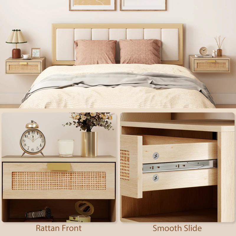 HOMCOM Floating Bedside Tables Set of 2, Wall Mounted Nightstands with Rattan Drawer and Wood Effect, Oak