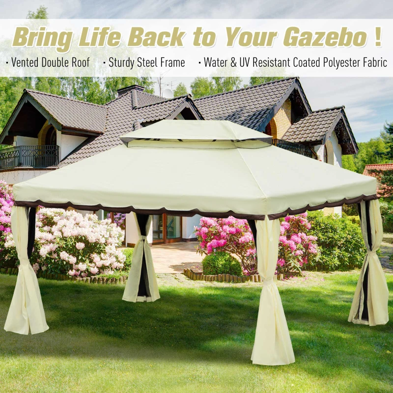 Outsunny 9.5' x 13' Patio Gazebo, Aluminum Frame Double Roof Outdoor Gazebo Canopy Shelter with Netting & Curtains, Cream White