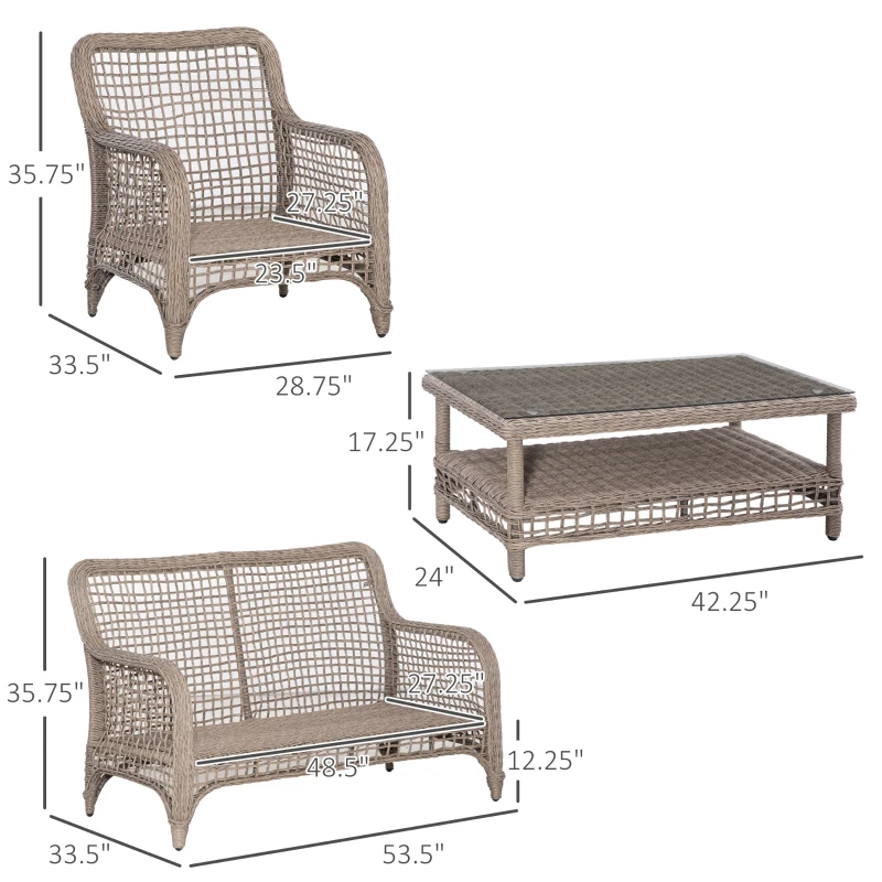 Outsunny 4pc Outdoor Patio Furniture Set, 2 Rattan Chairs, 1 PE Wicker Loveseat Sofa, 1 Center Coffee Table w/ Tempered Glass Table-Top, Soft Cushions for Garden, Cream White