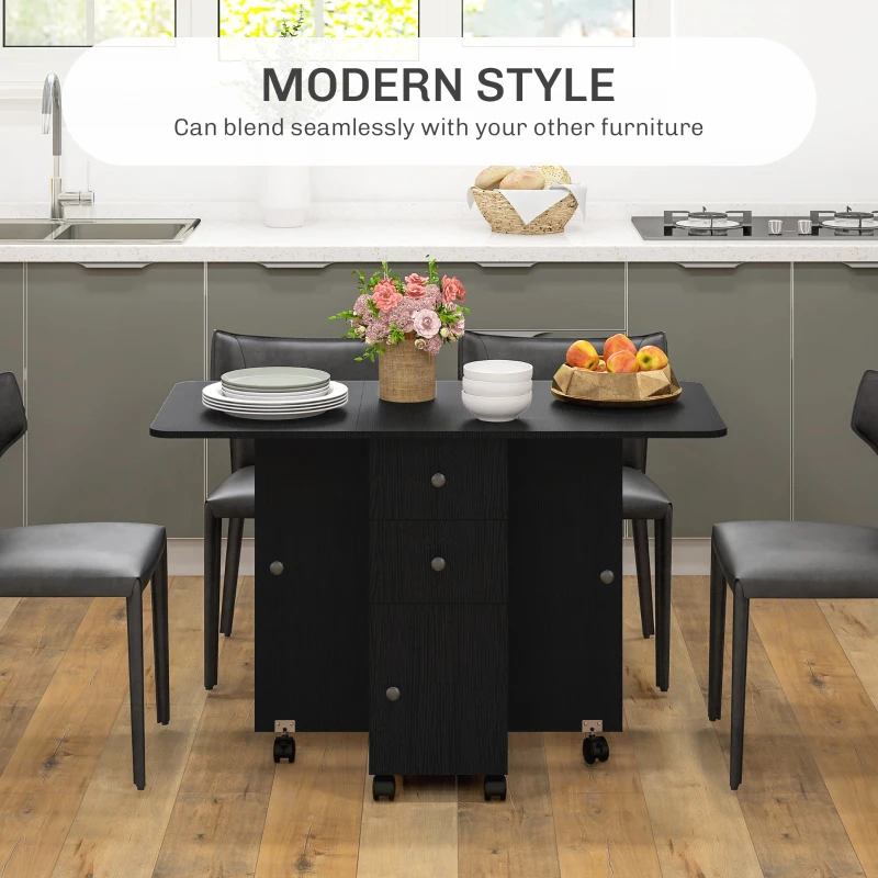HOMCOM Drop Leaf Dining Table, Mobile Folding Table on Wheels with Drawers and Cabinet for Dining Room, Kitchen, Black