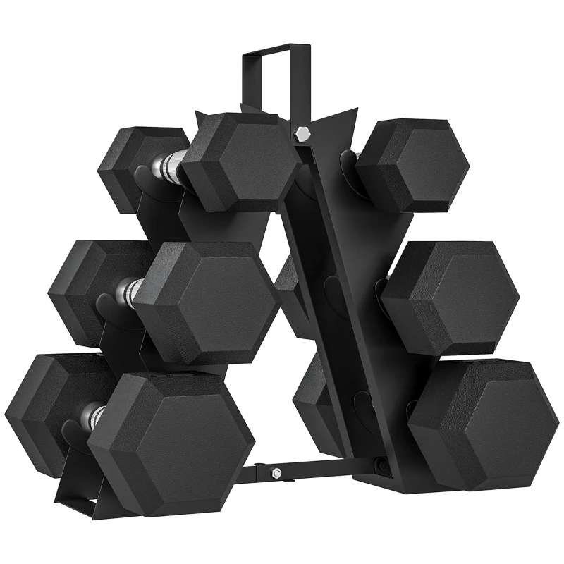 Soozier 60 LBS Hex Dumbbell Set with Rack, Rubber Coated Weights with Non-Slip Handles for Home Gym Strength Training