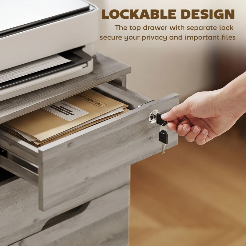 HOMCOM Filing Cabinet with Power Outlets File Cabinet Lockable Casters File Drawer Side Cubbies Light Grey Brown