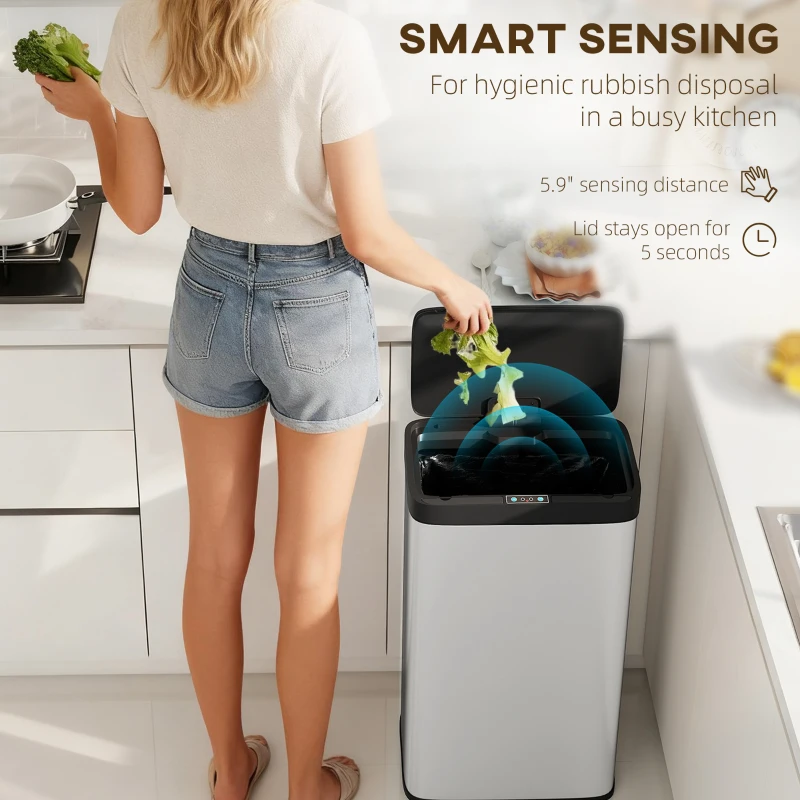HOMCOM 12 Gallon (45 L) Sensor Can, Automatic Garbage Can with Soft-Close Lid, Fingerprint-Proof Stainless Steel, Silver