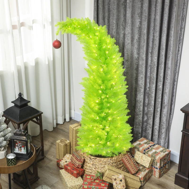 HOMCOM 5 ft Whimsical Christmas Tree, Pencil Xmas Tree with Red Ball, Metal Base, Prelit with 200 LED Lights