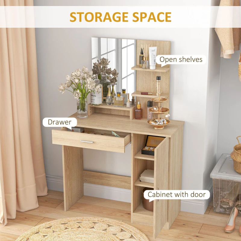 HOMCOM Vanity Desk with Mirror, Makeup Vanity w/ Drawer, Open Compartment and Shelves, Cabinet, Adjustable Shelves for Bedroom