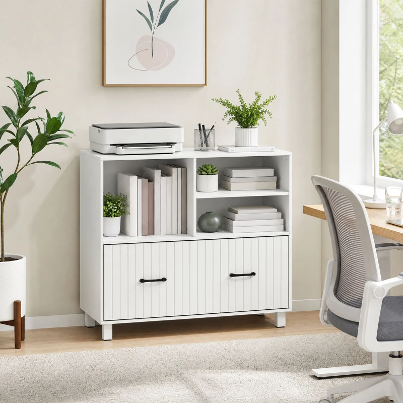 HOMCOM Lateral Office Filing Cabinet, 1-Drawer File Cabinet with Open Storage Shelves, Adjustable Hanging Bars, White