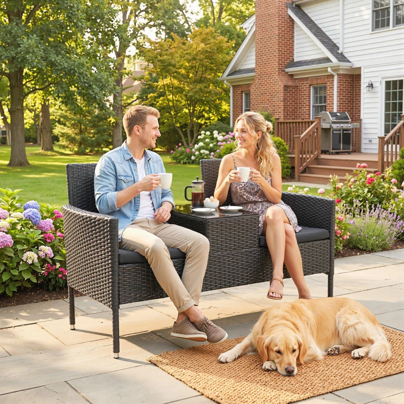 Outsunny Patio Furniture w/ Mid-Table PE Rattan Loveseat w/ Cushion, Black