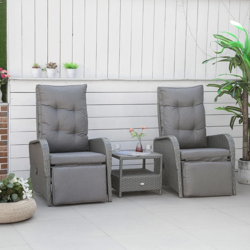 Outsunny 3 Pieces Patio Wicker Bistro Set, PE Rattan Coffee Table & Adjustable Recline Chairs Furniture Set with Cushions and Wood Grain Plastic Top, Grey