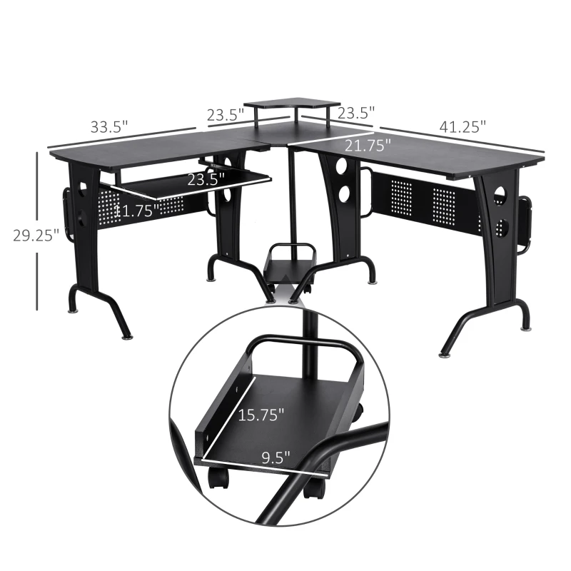HOMCOM L-Shaped Corner Computer Office Desk Workstation with Elevated Shelf, Rolling Keyboard Tray, & Convenient CPU Stand, Black