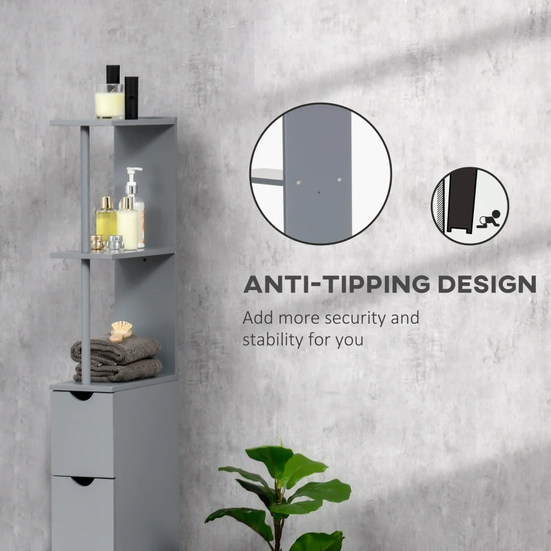 HOMCOM 54" Tall Bathroom Storage Cabinet, Freestanding Linen Tower with 2-Tier Shelf and Drawers, Narrow Side Floor Organizer, Grey