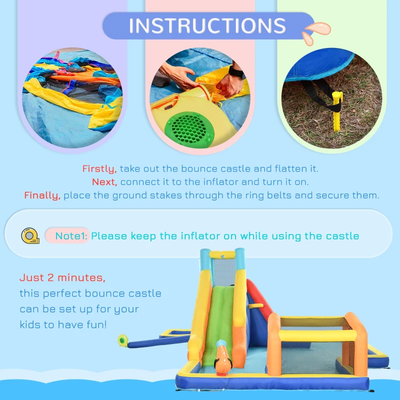 Outsunny 6 in 1 Kids Inflatable Bounce House with Slide, Pool, Climbing Wall, Water Cannon, Basketball Hoop, Football Stand