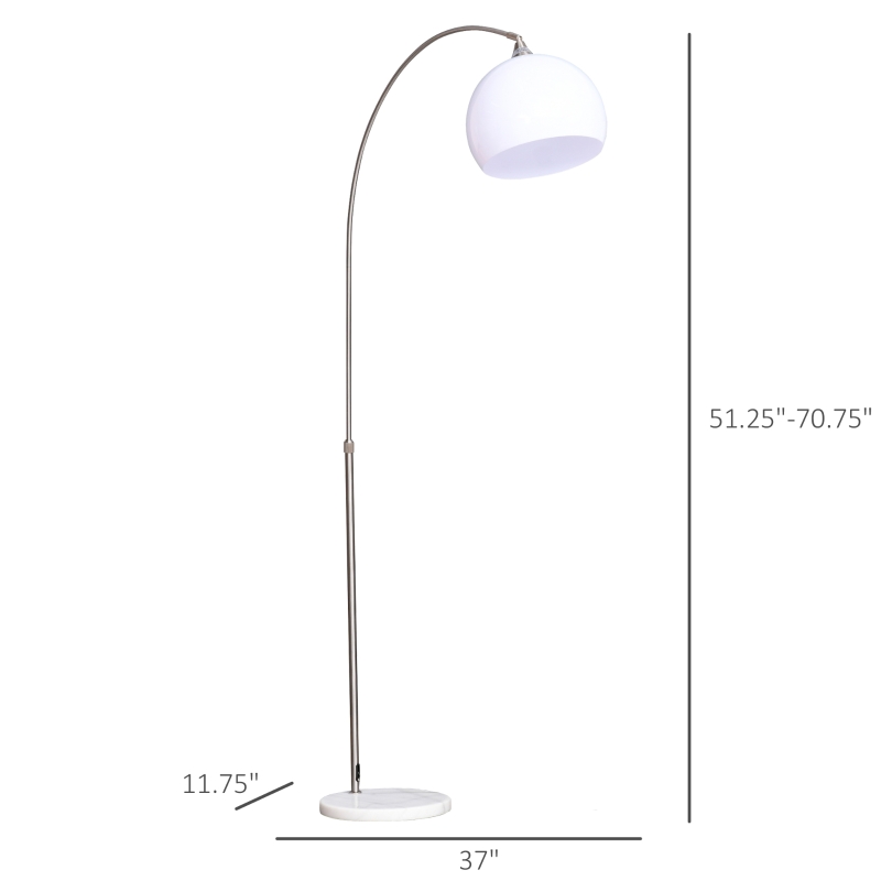HOMCOM Arc Floor Lamp,Metal Standing Lamp, with 350° Flexible Lampshade, Adjustable Pole, and Marble Round Base for Living, Office, Bedroom, White/Silver