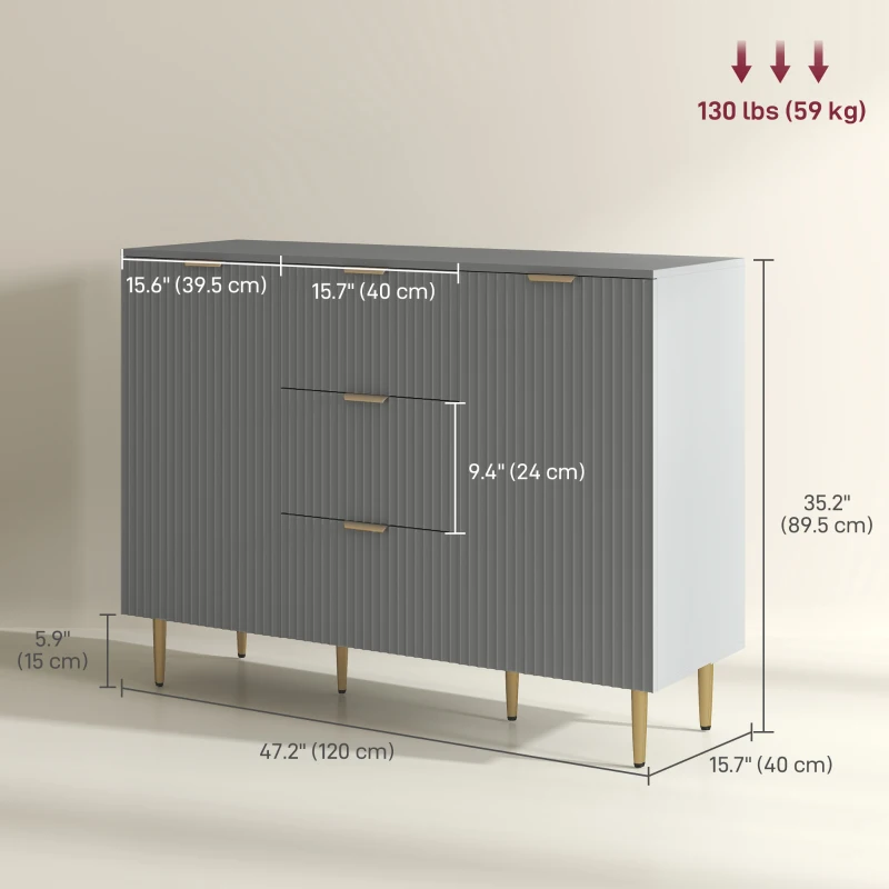 HOMCOM Modern Kitchen Storage Cabinet, Sideboard Buffet Cabinet w/ 3 Drawers and Adjustable Shelves for Kitchen Hallway, Grey