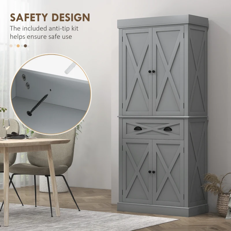 HOMCOM 72" Kitchen Cabinet, Pantry Storage Cabinet with 4 Doors and 2 Adjustable Shelves, Large Central Drawer, Gray