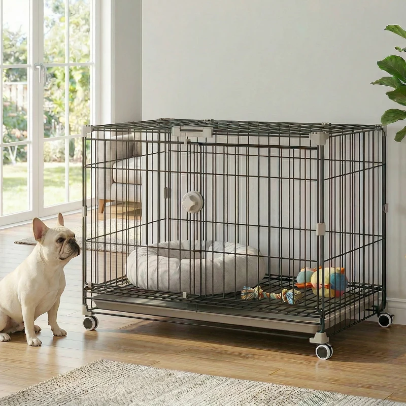PawHut Dog Crate, 30 Inch Metal Dog Cage with Removable Tray, Lockable Wheels, 2 Doors for Small Medium Breeds, Black