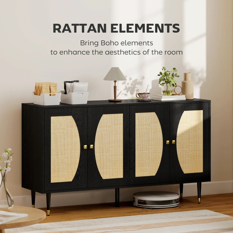 HOMCOM 55" Sideboard Buffet Cabinet, Boho Storage Cabinet with Adjustable Shelves, Soft Close Doors and Rattan Front, Black