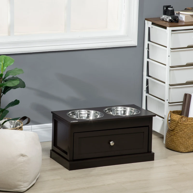 PawHut Large Elevated Dog Bowls with Storage Drawer Containing 11L Capacity, Raised Dog Bowl Stand Pet Food Bowl Dog Feeding Station, Brown
