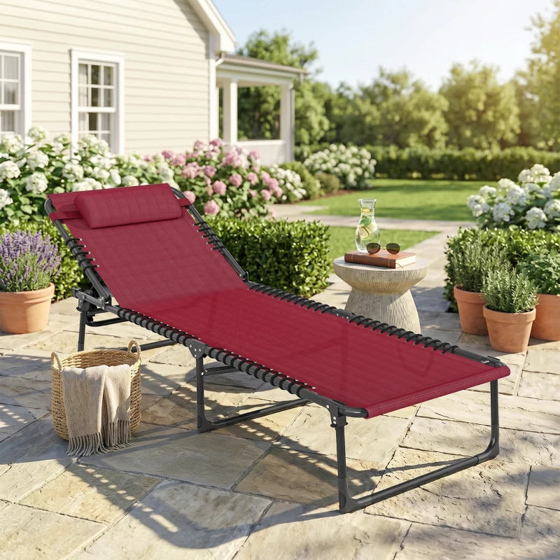 Outsunny Folding Chaise Lounge Pool Chair with 4-Position Reclining Back, Pillow, Breathable Mesh & Bungee Seat, Wine Red