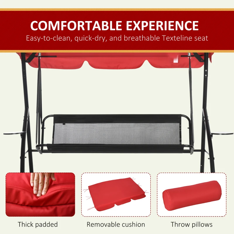 Outsunny 3-Seat Outdoor Patio Swing Chair, 2-in-1 Convertible Flat Bed, Canopy Swing Glider w/ Adjustable Shade, Removable Cushion and Pillows for Porch, Garden, Poolside