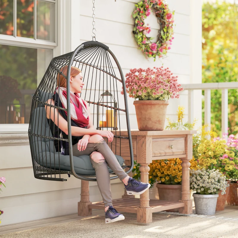 Outsunny Hanging Egg Chair, Foldable Rattan Garden Swing Chair with Installation Kit, Thickened Cushion and Headrest, Dark Grey