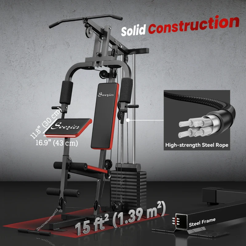 Soozier Home Gym Equipment Weight Training Machine, Multifunction Workout Machine with 143lbs Weight Stack for Full Body Workout and Strength Training, Red