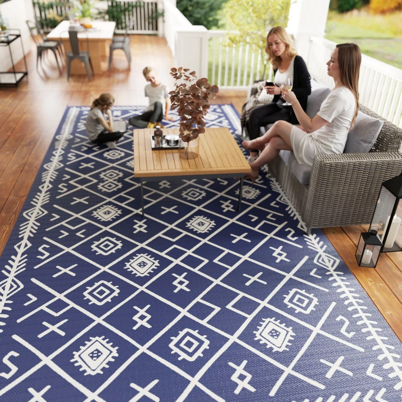 Outsunny Reversible Outdoor Rug, Waterproof Plastic Straw with Carry Bag, 9' x 18', Blue & White Rhombus