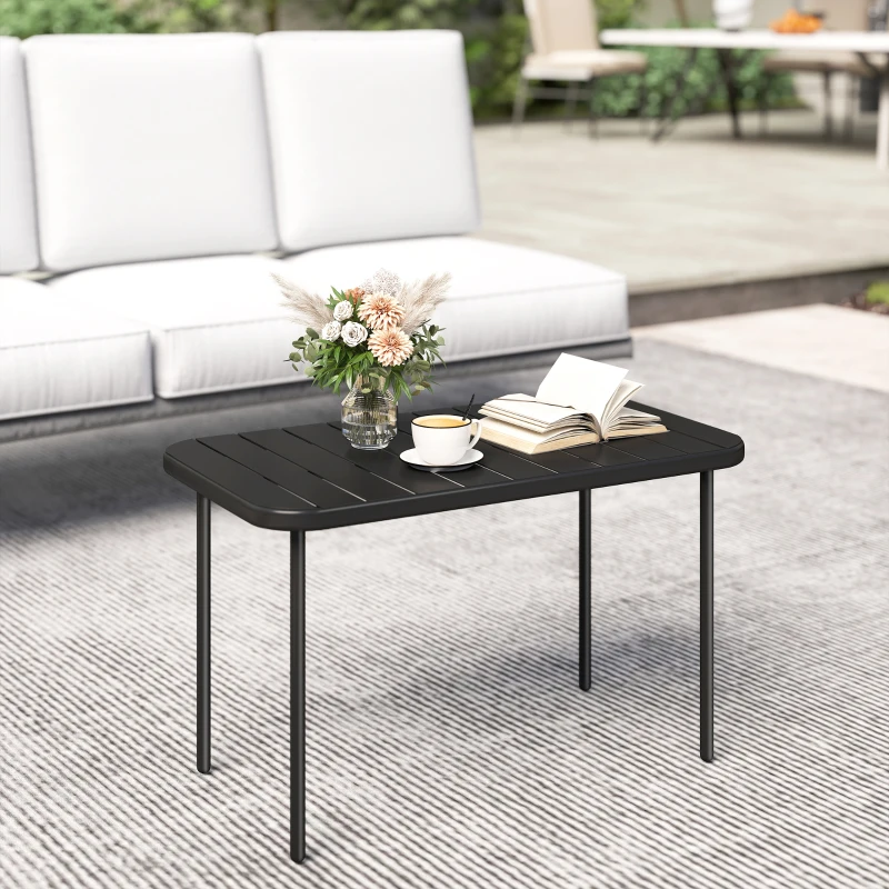 Outsunny Outdoor Coffee Table, All-Weather Rectangle Metal Patio Coffee Table with Slatted Tabletop for Outside