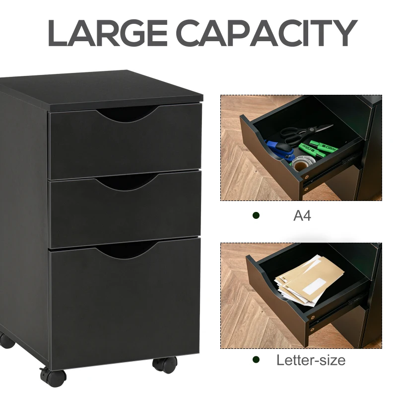 HOMCOM 3 Drawer Mobile File Cabinet with Wheels, Wood Filing Cabinet for Home Office, Rolling Under Desk Cabinet, Black