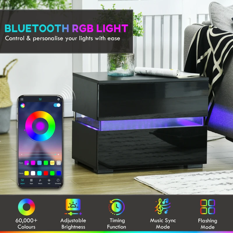 HOMCOM Modern Nightstand, Bedside Table with 2 Drawers, RGB LED Lights for Bedroom, Black