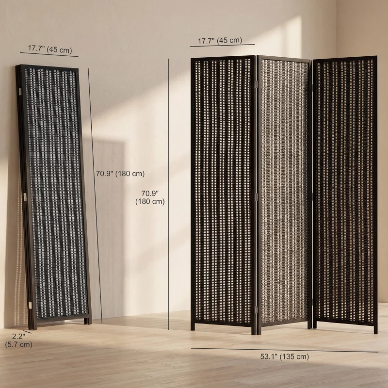 HOMCOM Folding Privacy Screen, 3 Panel Room Divider, Freestanding Partition with Handwoven Bamboo and Pine Wood Frame, Black