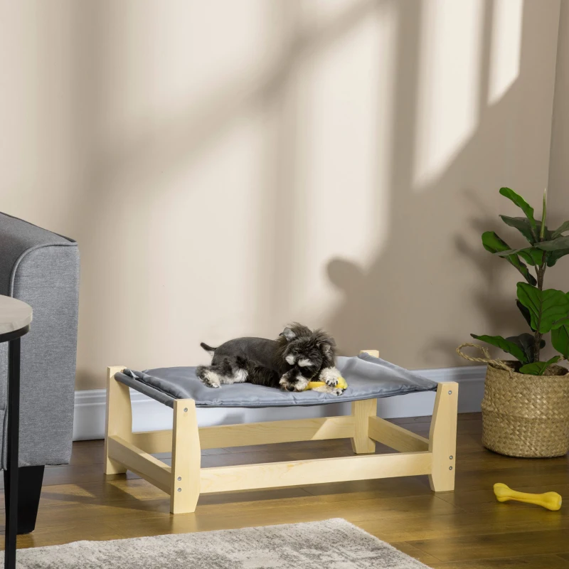 PawHut Raised Pet Bed Wooden Frame Dog Cot with Washable Cushion for Small Medium Sized Dogs Indoor Outdoor, 35.5" x 20" x 11"
