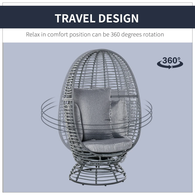 Outsunny Wicker Egg Chair, 360 Rotating Indoor Outdoor Boho Basket Seat with Cushion and Pillows for Backyard, Porch, Patio, Garden, Handwoven All-Weather PE Rattan, Steel Frame, Gray