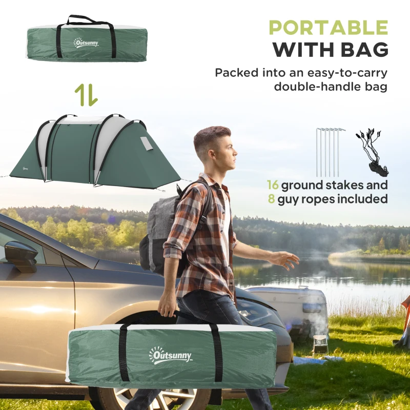 Outsunny 4 Person Camping Tent with 2 Bedrooms and Living Area, 3000mm Waterproof Family Tent for Fishing Hiking, Army Green
